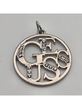 Guess Logo Round Silver Pendant with Rhinestones